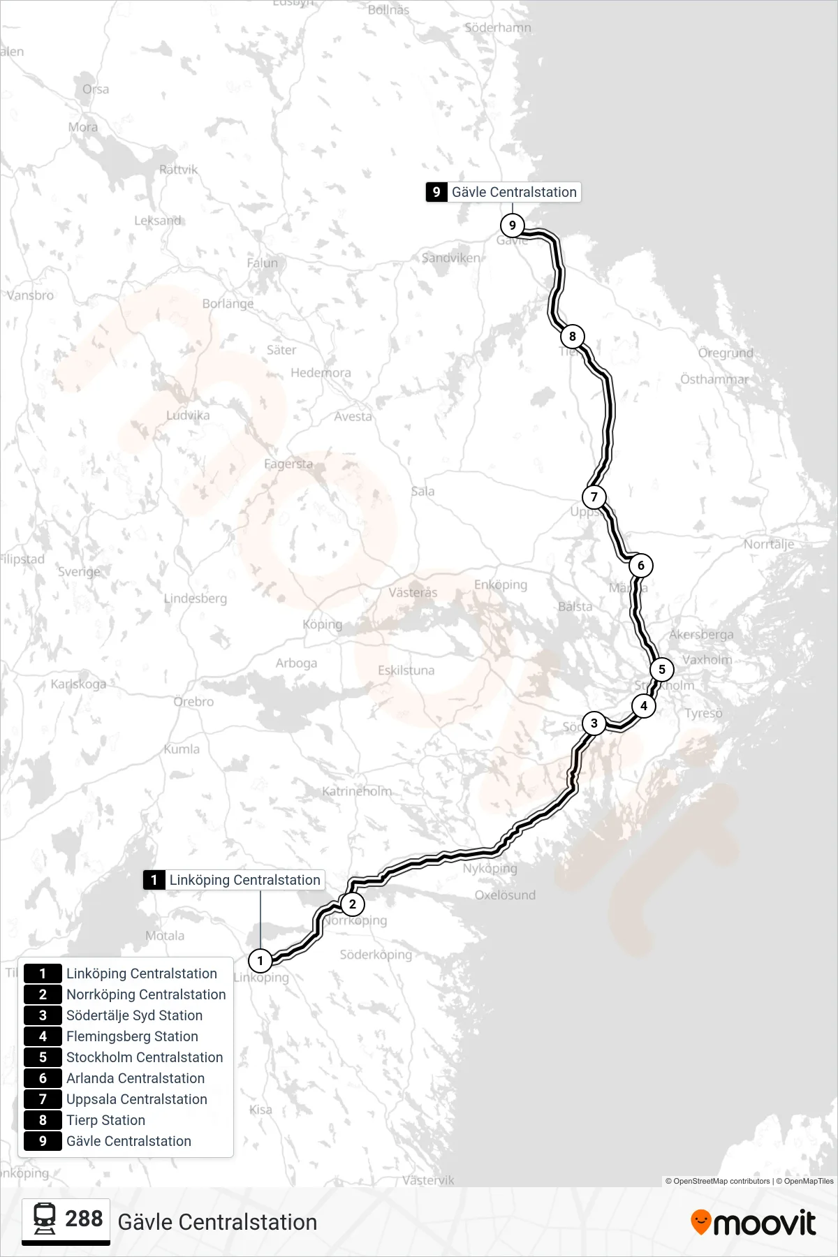 Rutt och hållplatser på karta för linje 288  tåg, (Gävle Centralstation)