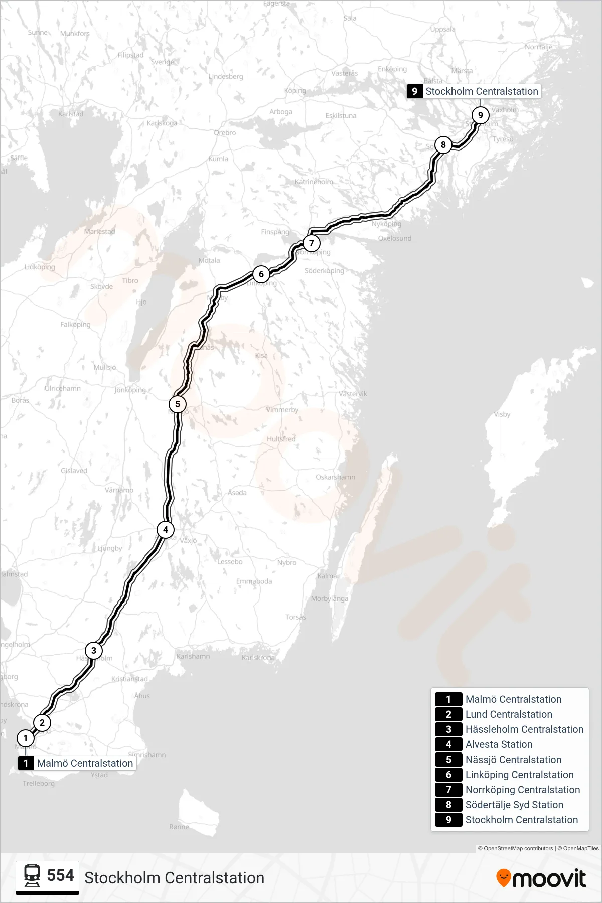 Rutt och hållplatser på karta för linje 554  tåg, (Stockholm Centralstation)