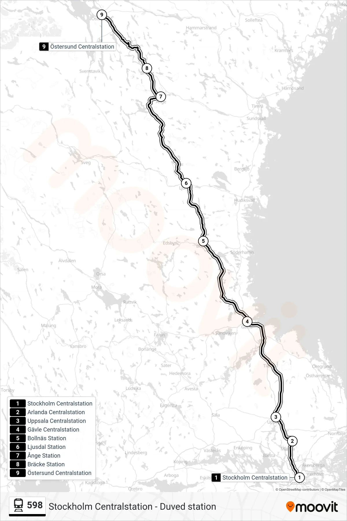 Rutt och hållplatser på karta för linje 598  tåg, (Östersund Centralstation)