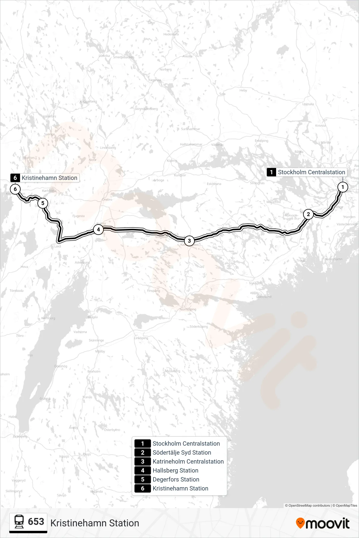 Rutt och hållplatser på karta för linje 653  tåg, (Kristinehamn Station)