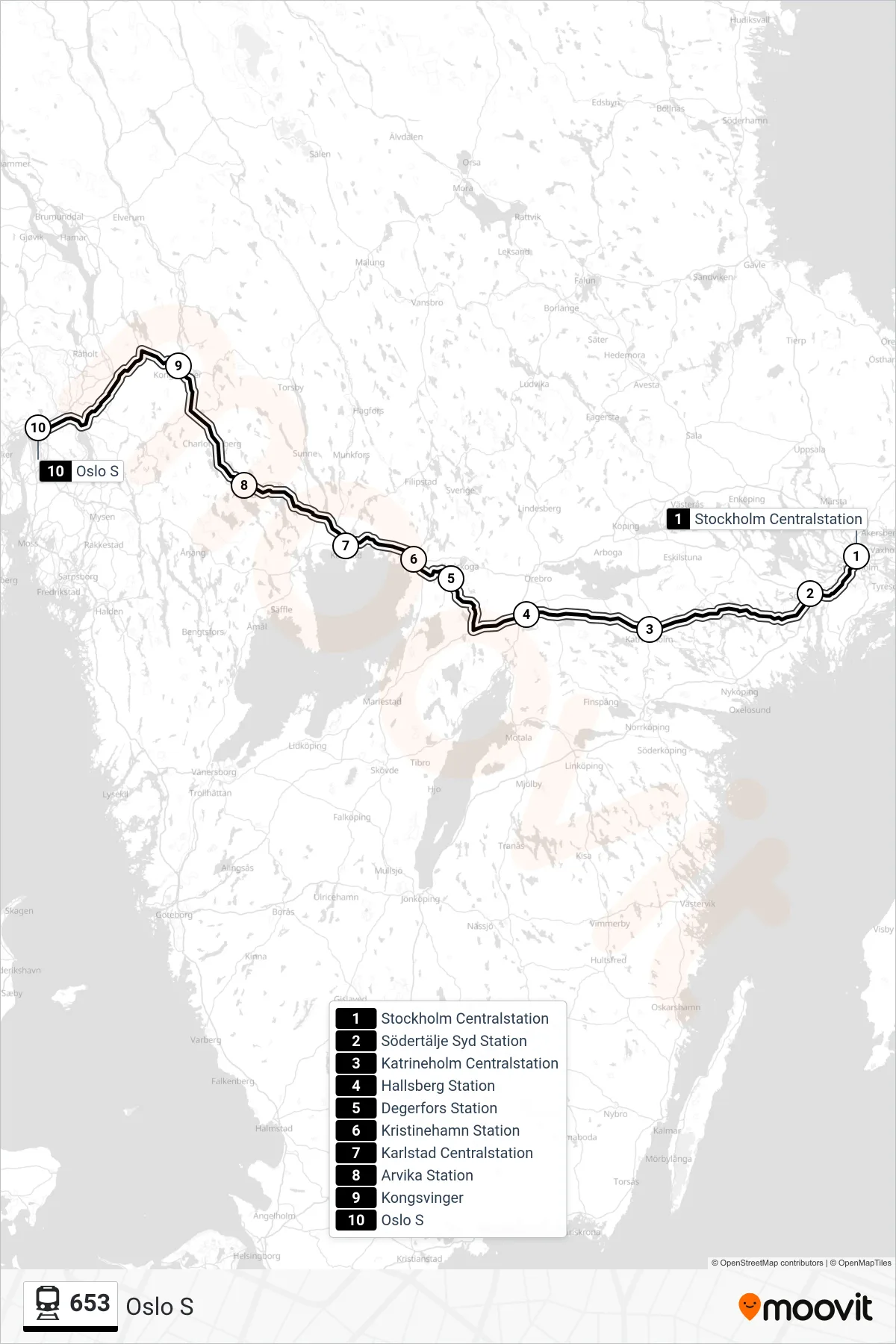 Rutt och hållplatser på karta för linje 653 tåg, (Oslo S)