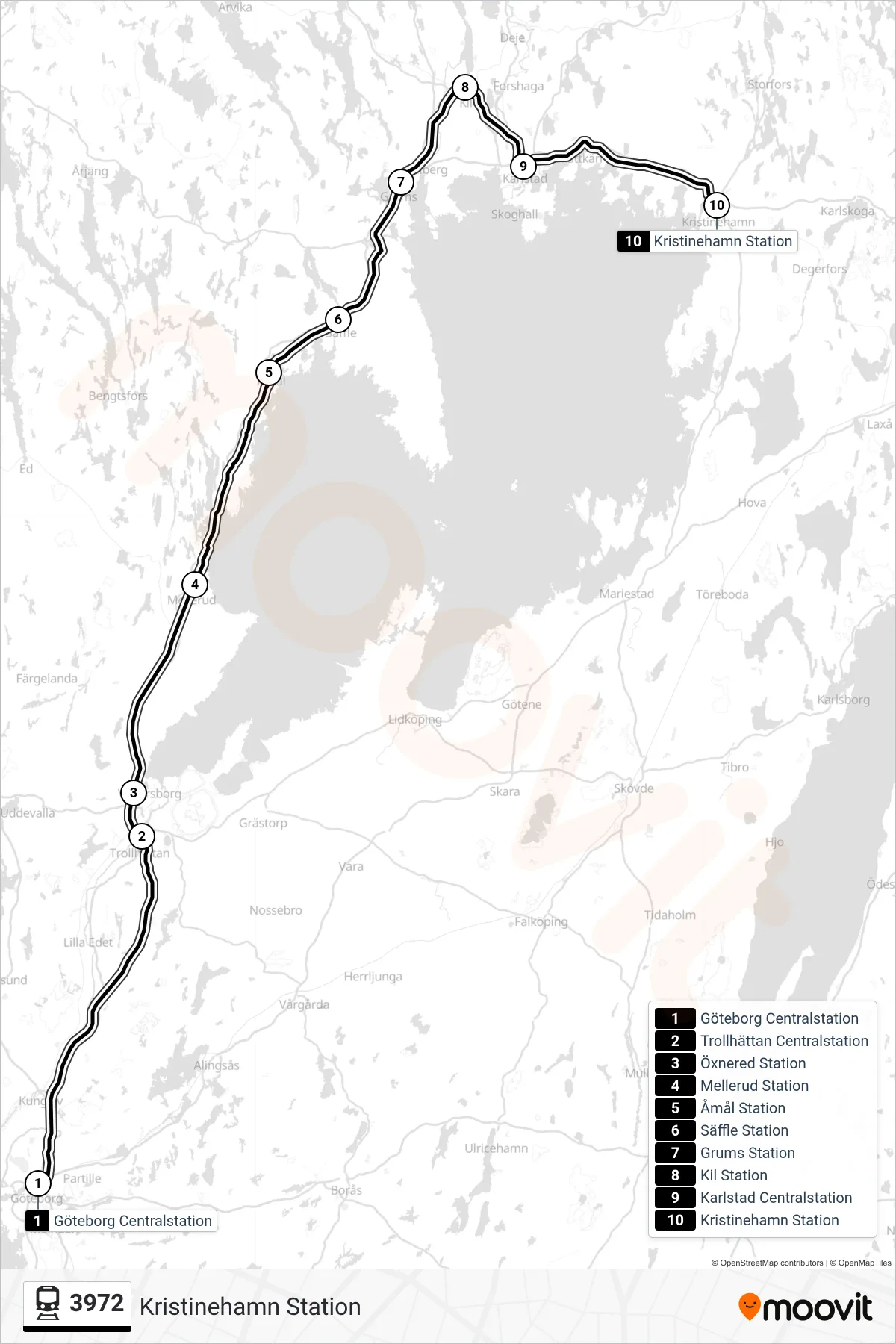 Rutt och hållplatser på karta för linje 3972 järnväg, (Kristinehamn Station)