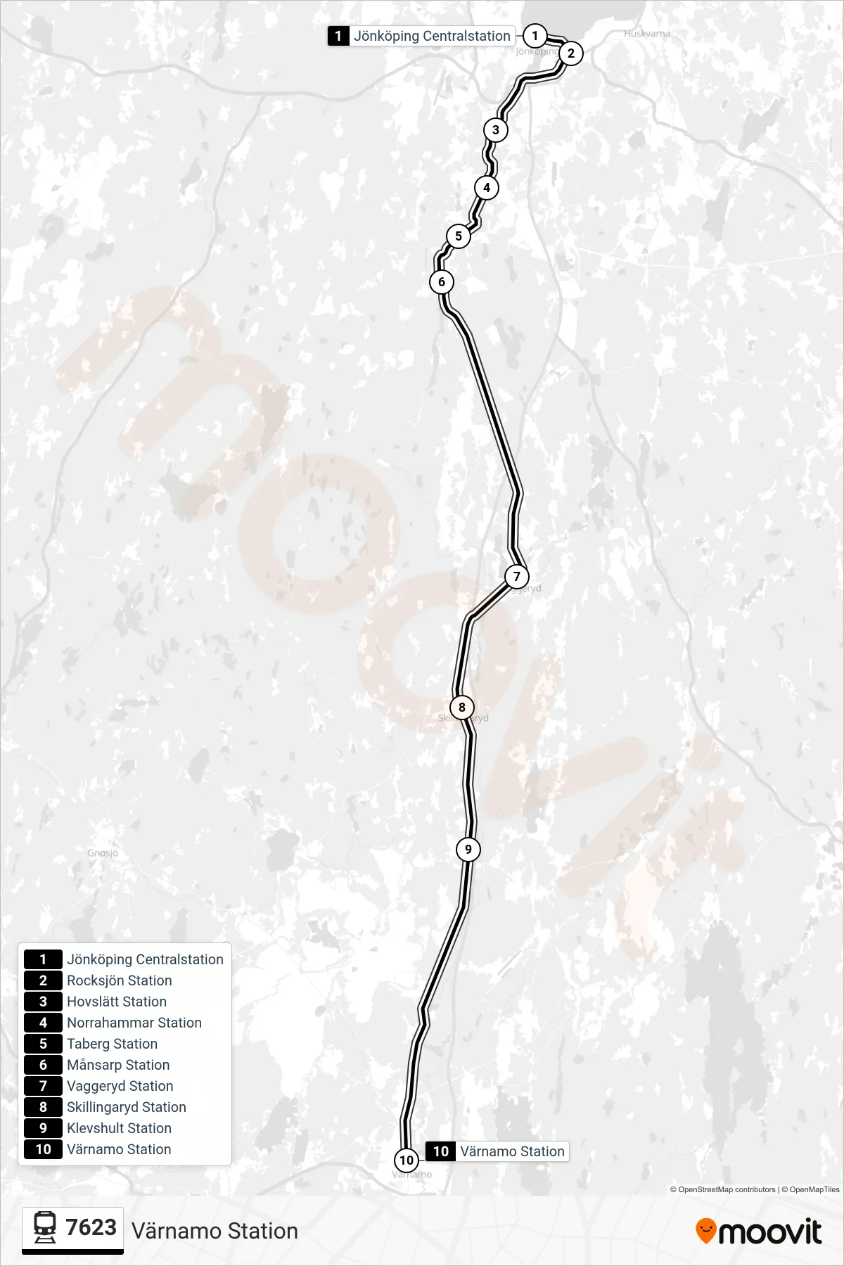 Rutt och hållplatser på karta för linje 7623 spårvagn, (Värnamo Station)