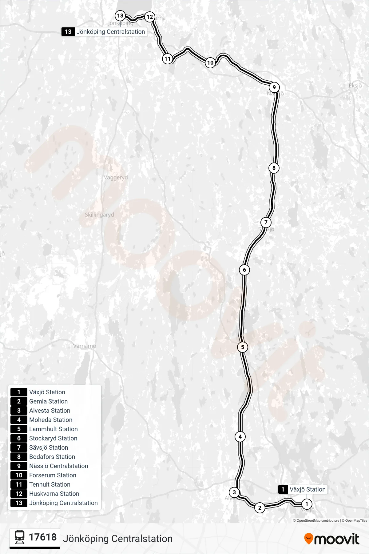 Rutt och hållplatser på karta för linje 17618  spårvagn, (Jönköping Centralstation)