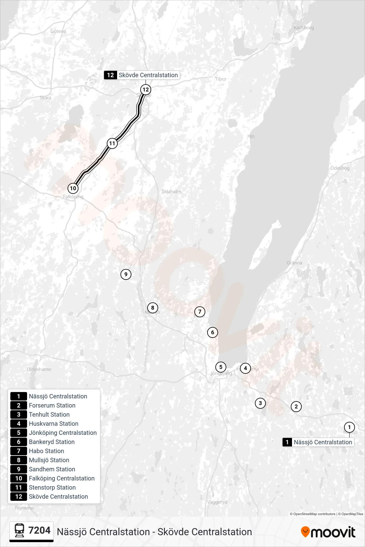 Rutt och hållplatser på karta för linje 7204 spårvagn, (Skövde Centralstation)