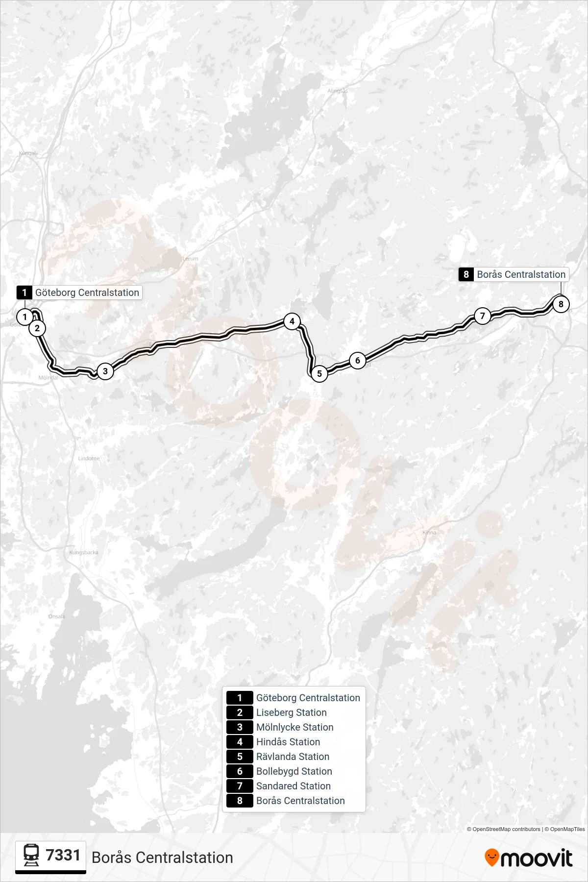 Rutt och hållplatser på karta för linje 7331  spårvagn, (Borås Centralstation)