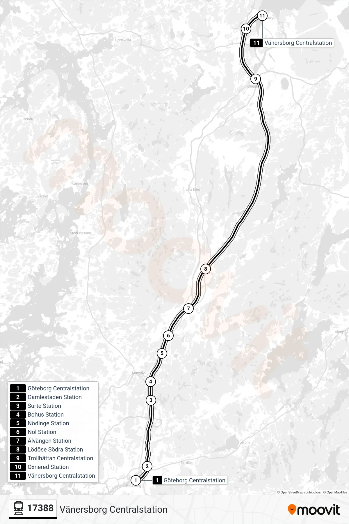 Rutt och hållplatser på karta för linje 17388 järnväg, (Vänersborg Centralstation)