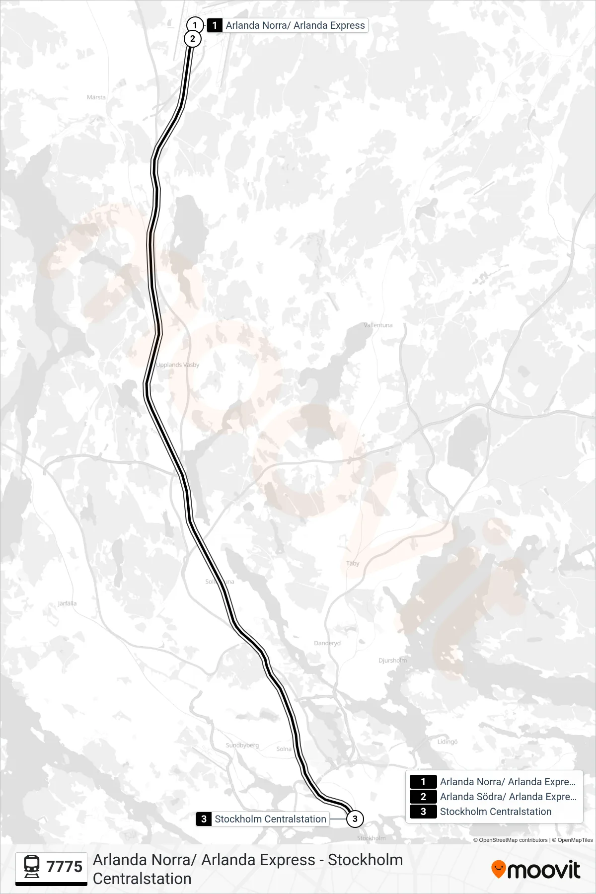 Rutt och hållplatser på karta för linje 7775  järnväg, (Stockholm Centralstation)
