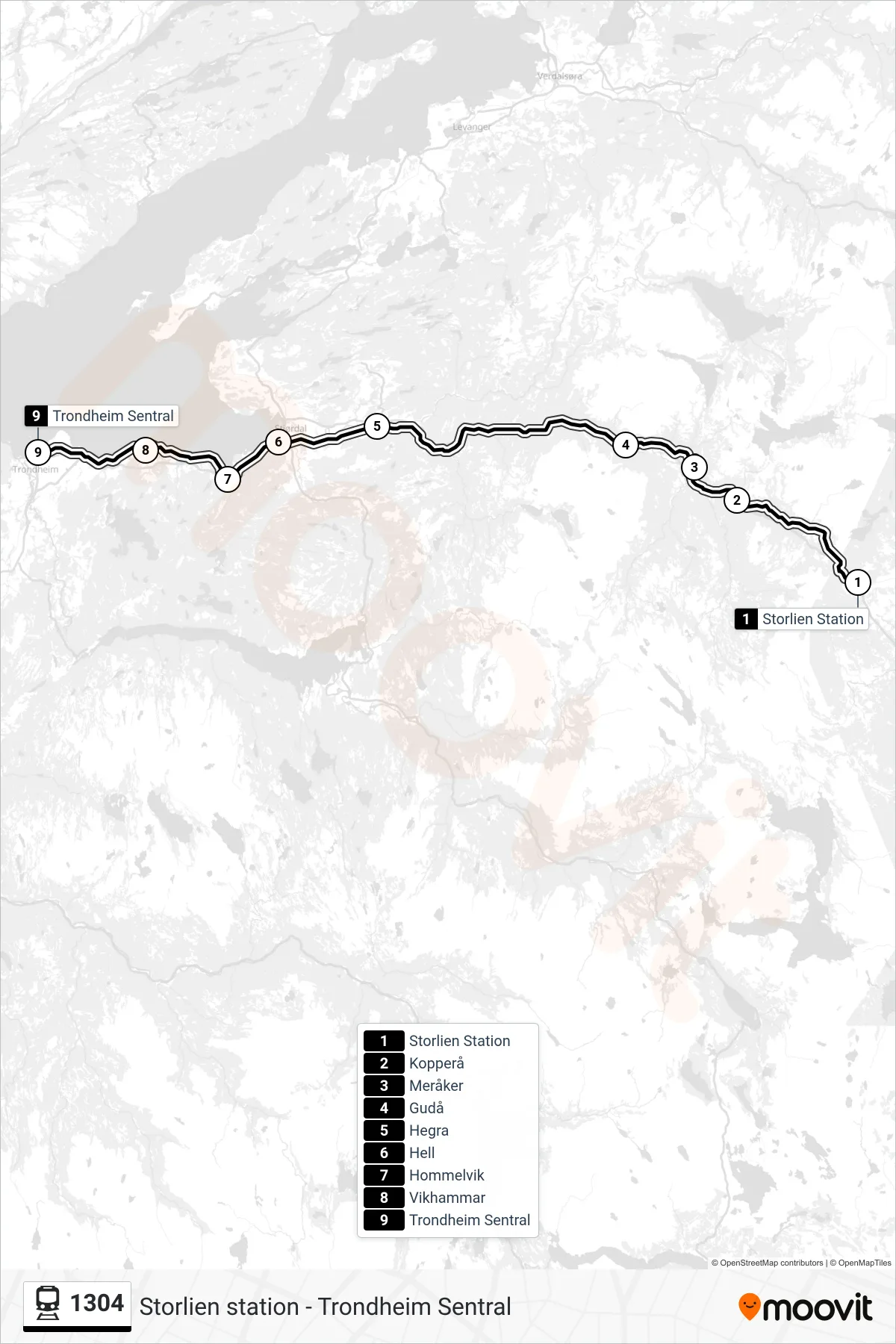 Rutt och hållplatser på karta för linje 1304 tåg, (Trondheim Sentral)