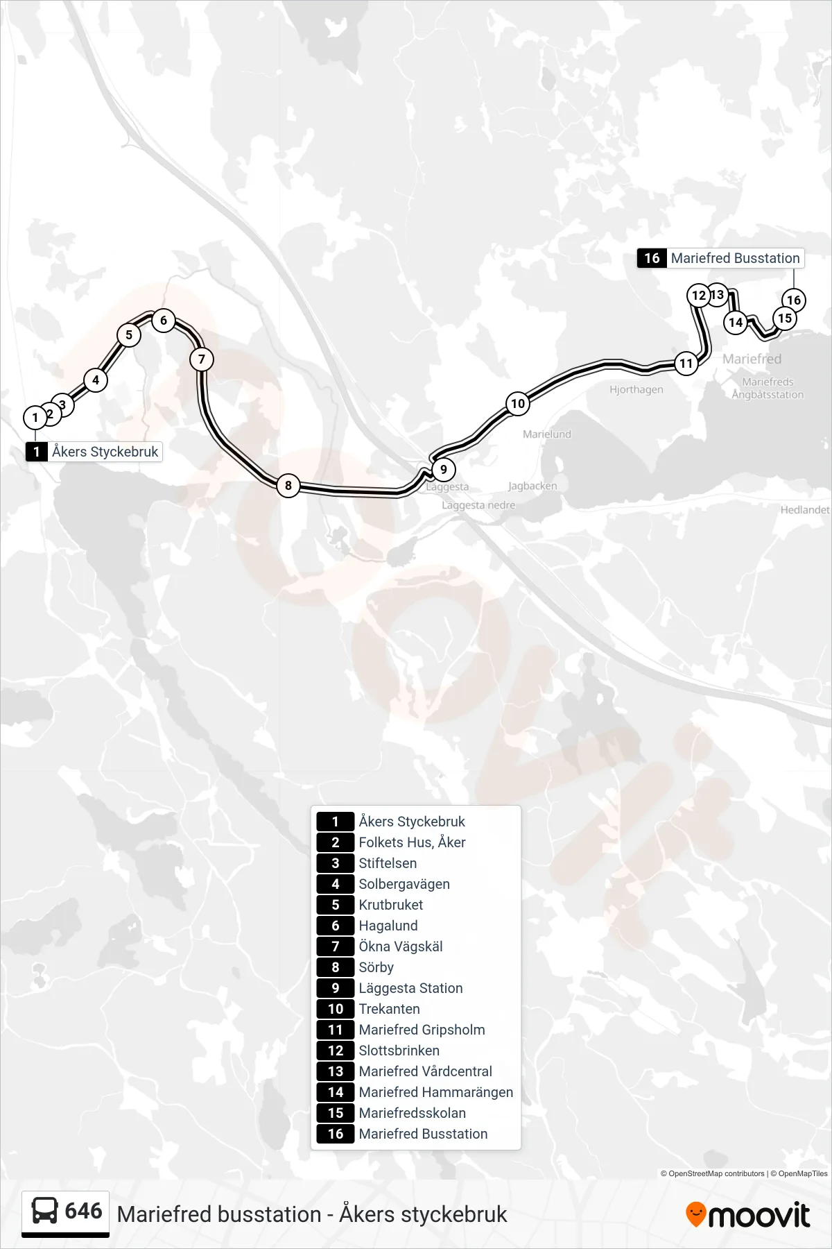 Rutt och hållplatser på karta för linje 646 spårvagn, (Mariefred Busstation)