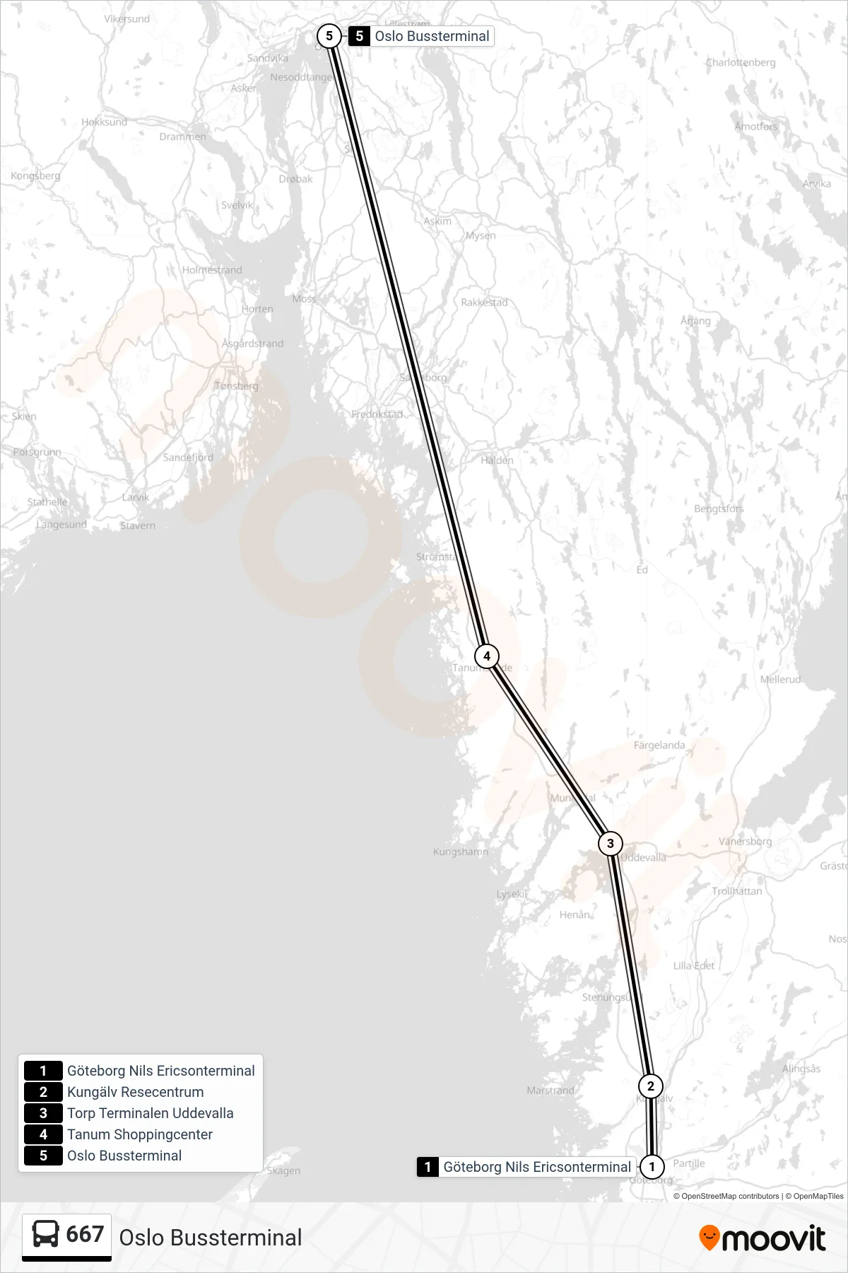 Rutt och hållplatser på karta för linje 667 spårvagn, (Oslo Bussterminal)