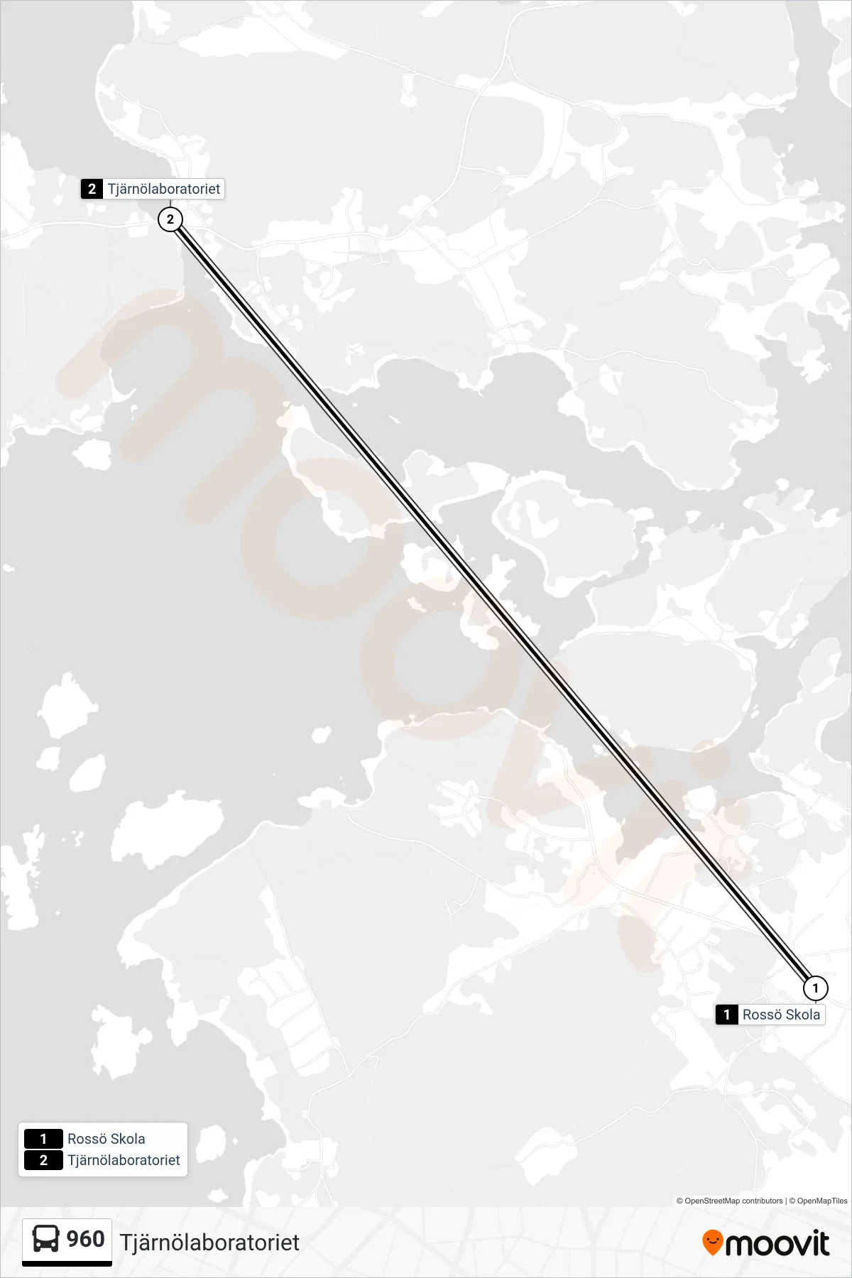 Rutt och hållplatser på karta för linje 960  spårvagn, (Tjärnölaboratoriet)