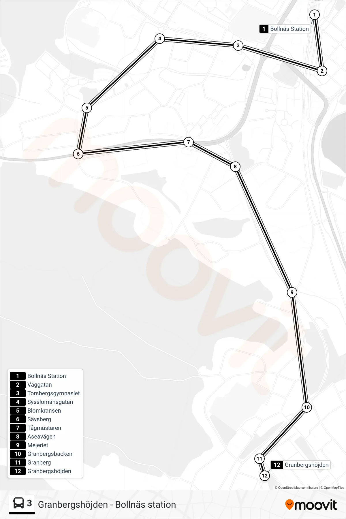 Rutt och hållplatser på karta för linje 3 buss, (Granbergshöjden)
