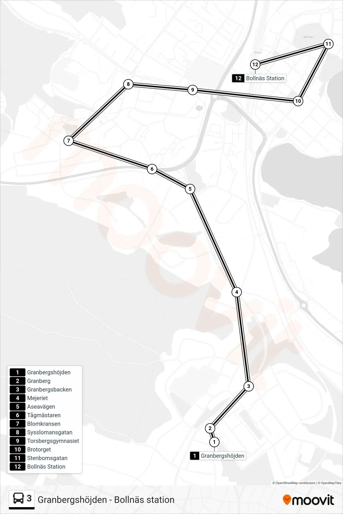 Rutt och hållplatser på karta för linje 3 buss, (Bollnäs Station)