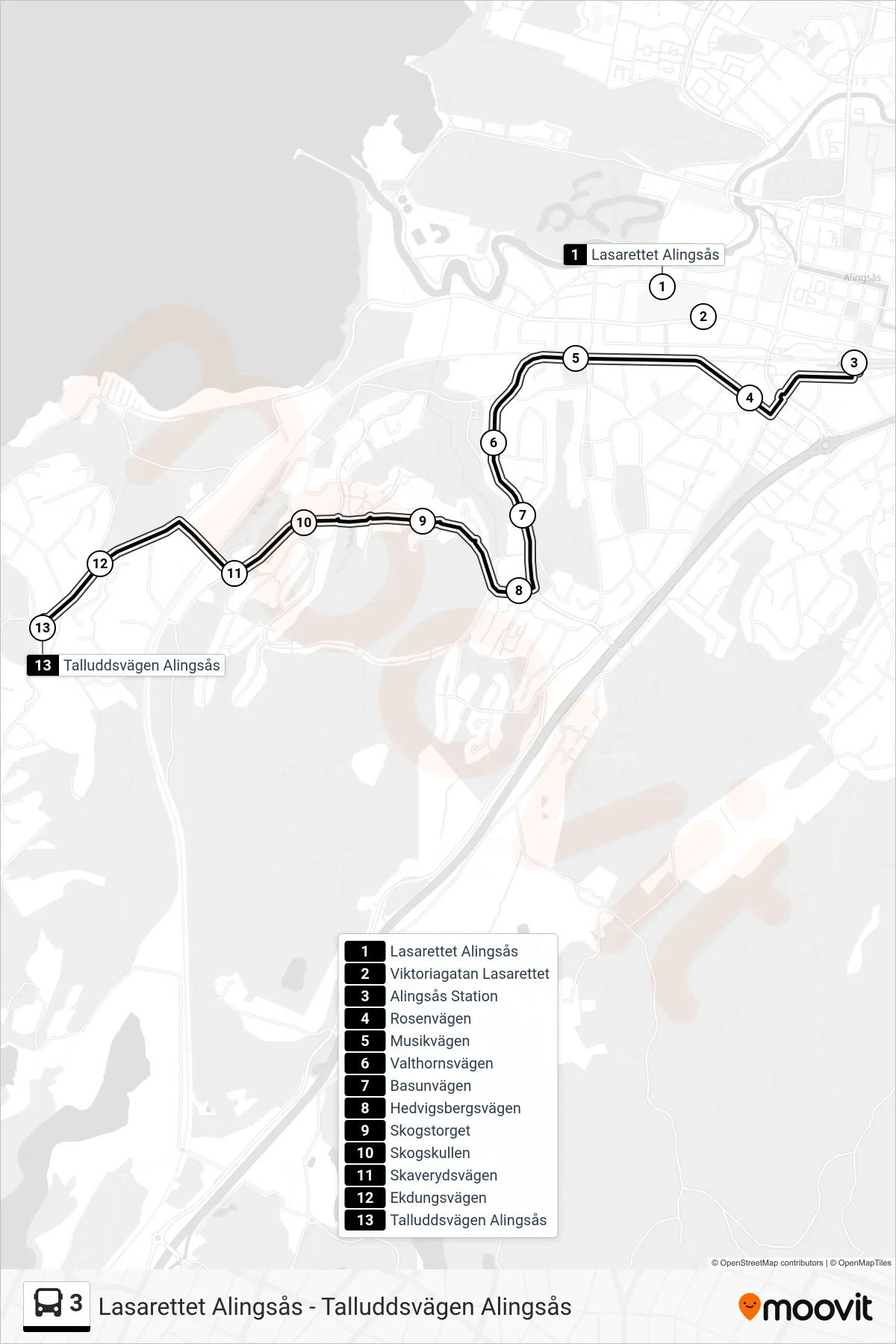Rutt och hållplatser på karta för linje 3 spårvagn, (Talluddsvägen Alingsås)