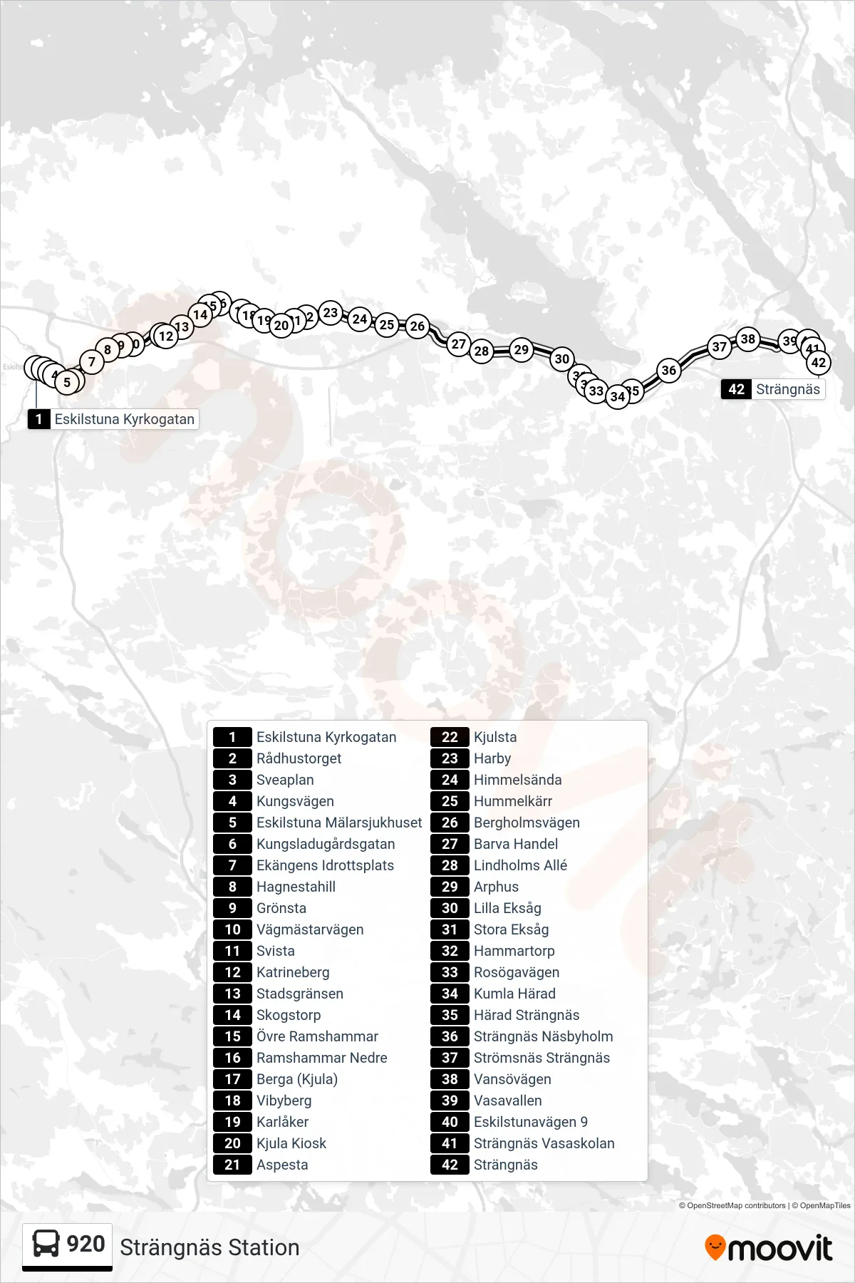 Rutt och hållplatser på karta för linje 920 buss, (Strängnäs Station)