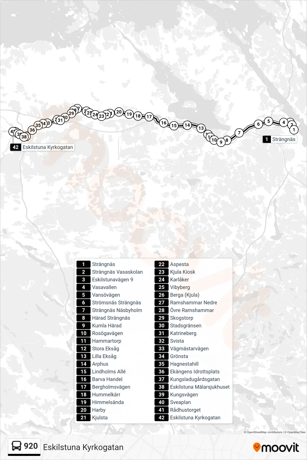 Rutt och hållplatser på karta för linje 920 buss, (Eskilstuna Kyrkogatan)