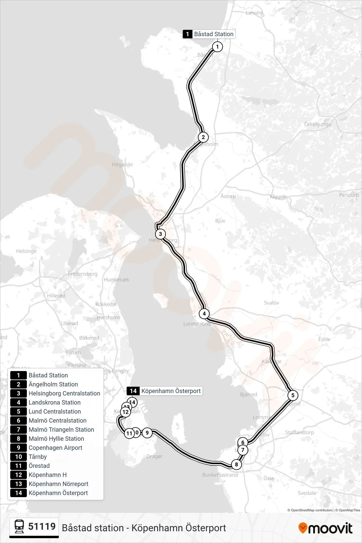 Rutt och hållplatser på karta för linje 51119 tåg, (Köpenhamn Österport)