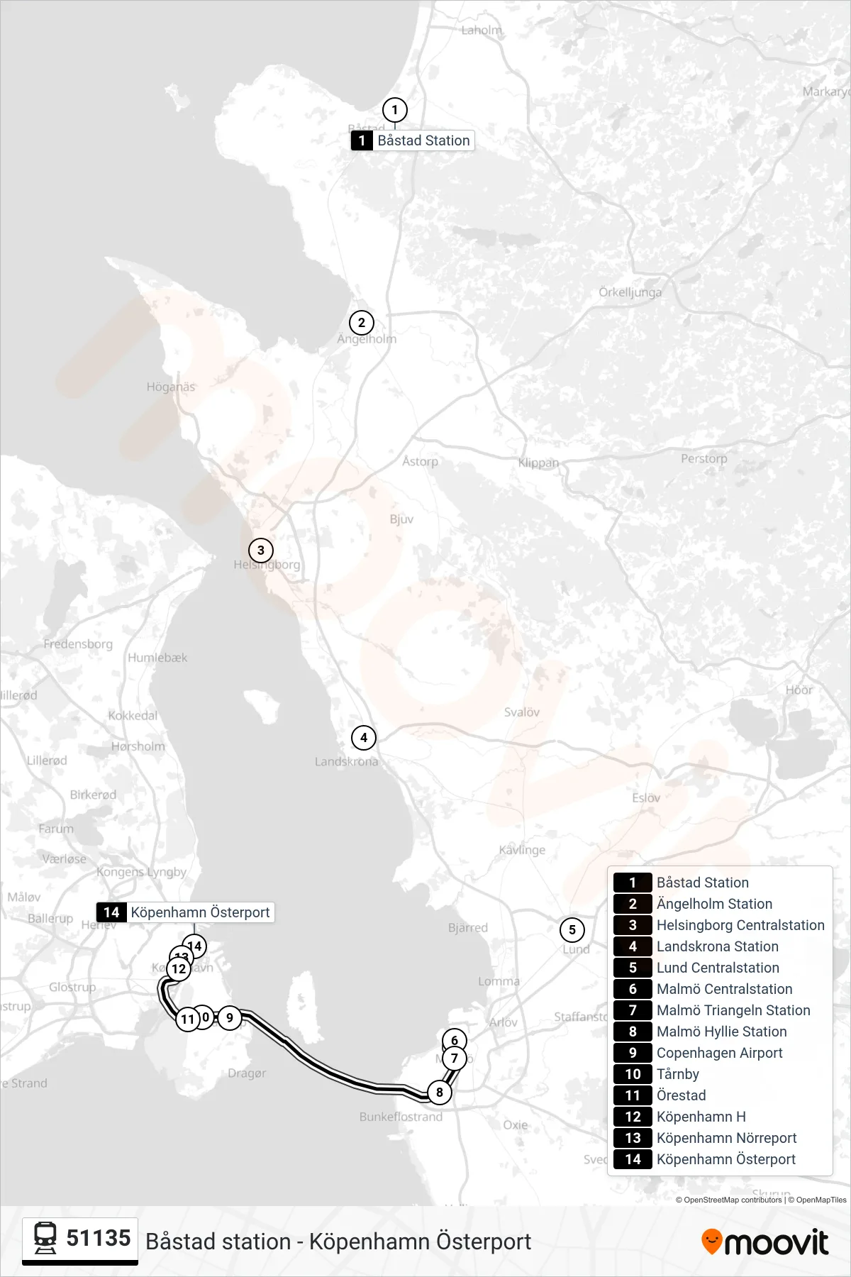 Rutt och hållplatser på karta för linje 51135 tåg, (Köpenhamn Österport)
