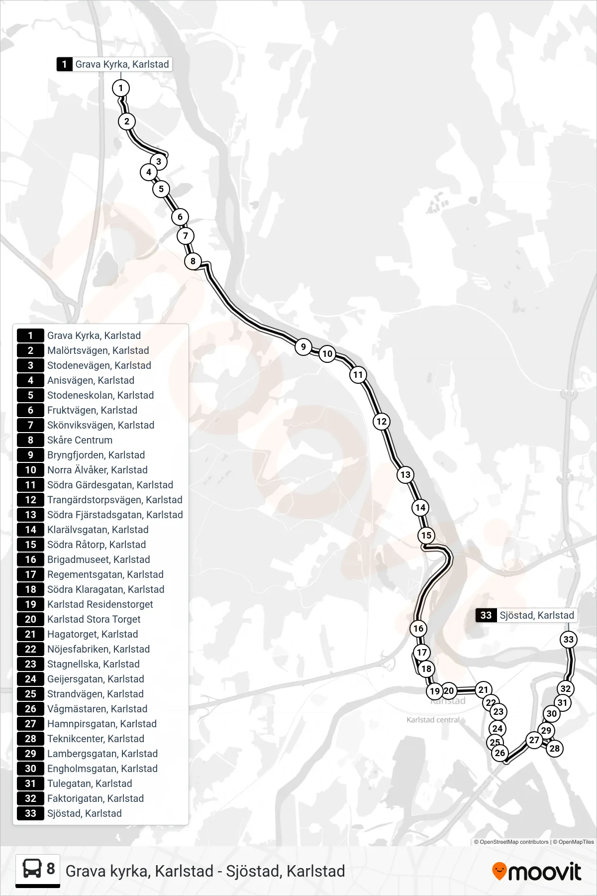 Rutt och hållplatser på karta för linje 8  spårvagn, (Sjöstad, Karlstad)