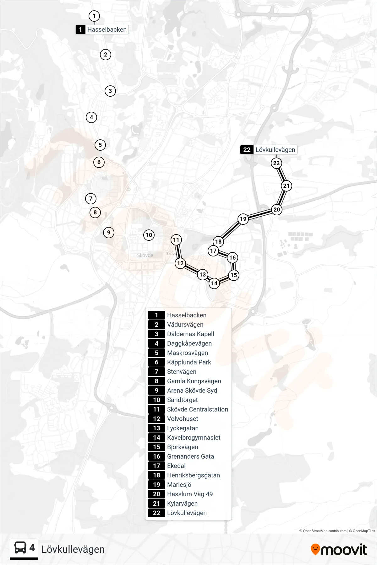 Rutt och hållplatser på karta för linje 4 spårvagn, (Lövkullevägen)