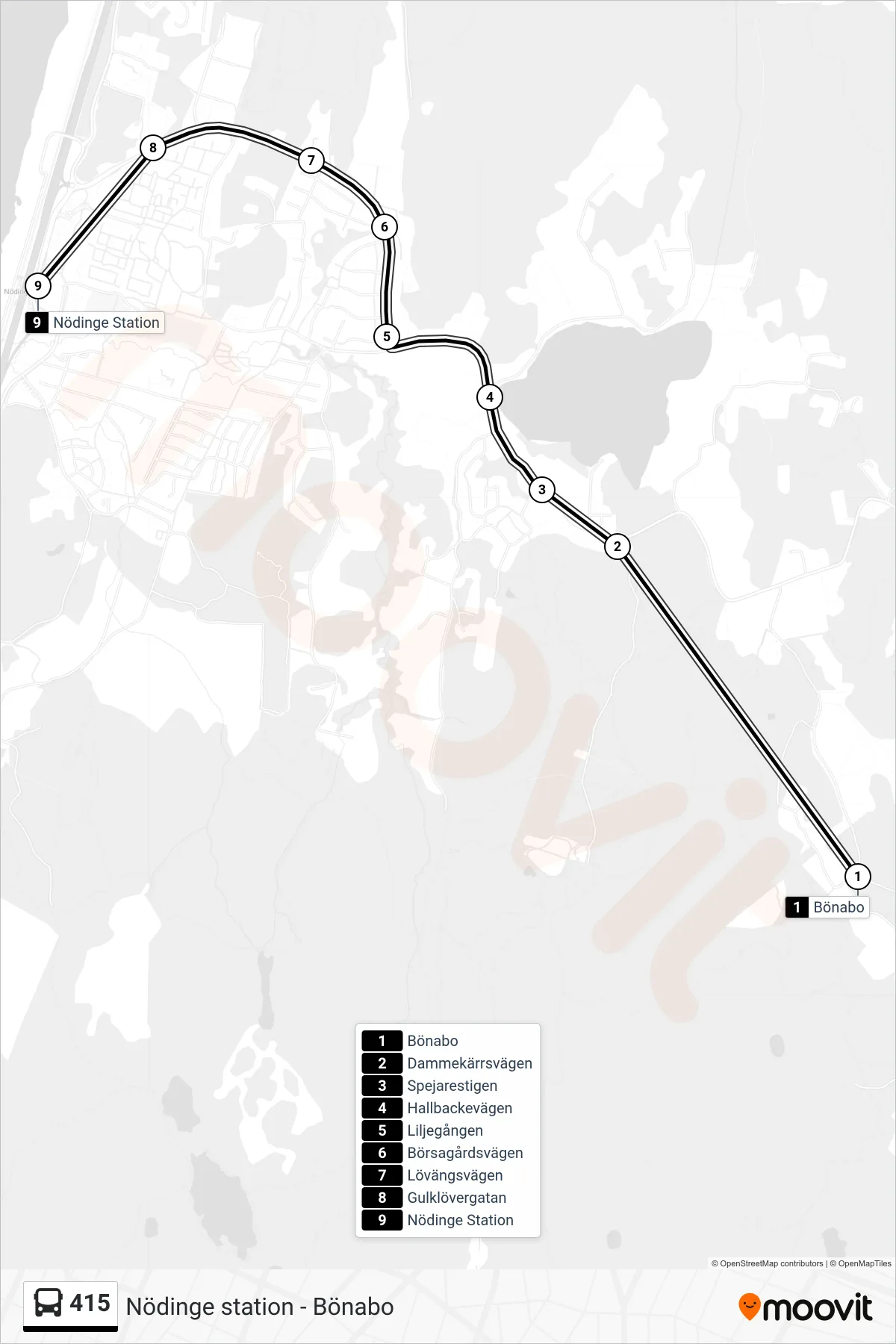 Rutt och hållplatser på karta för linje 415 spårvagn, (Nödinge Station)