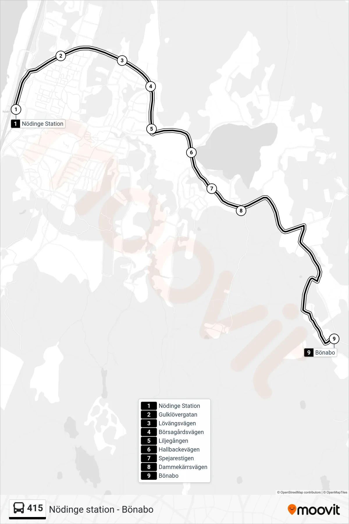 Rutt och hållplatser på karta för linje 415 spårvagn, (Bönabo)
