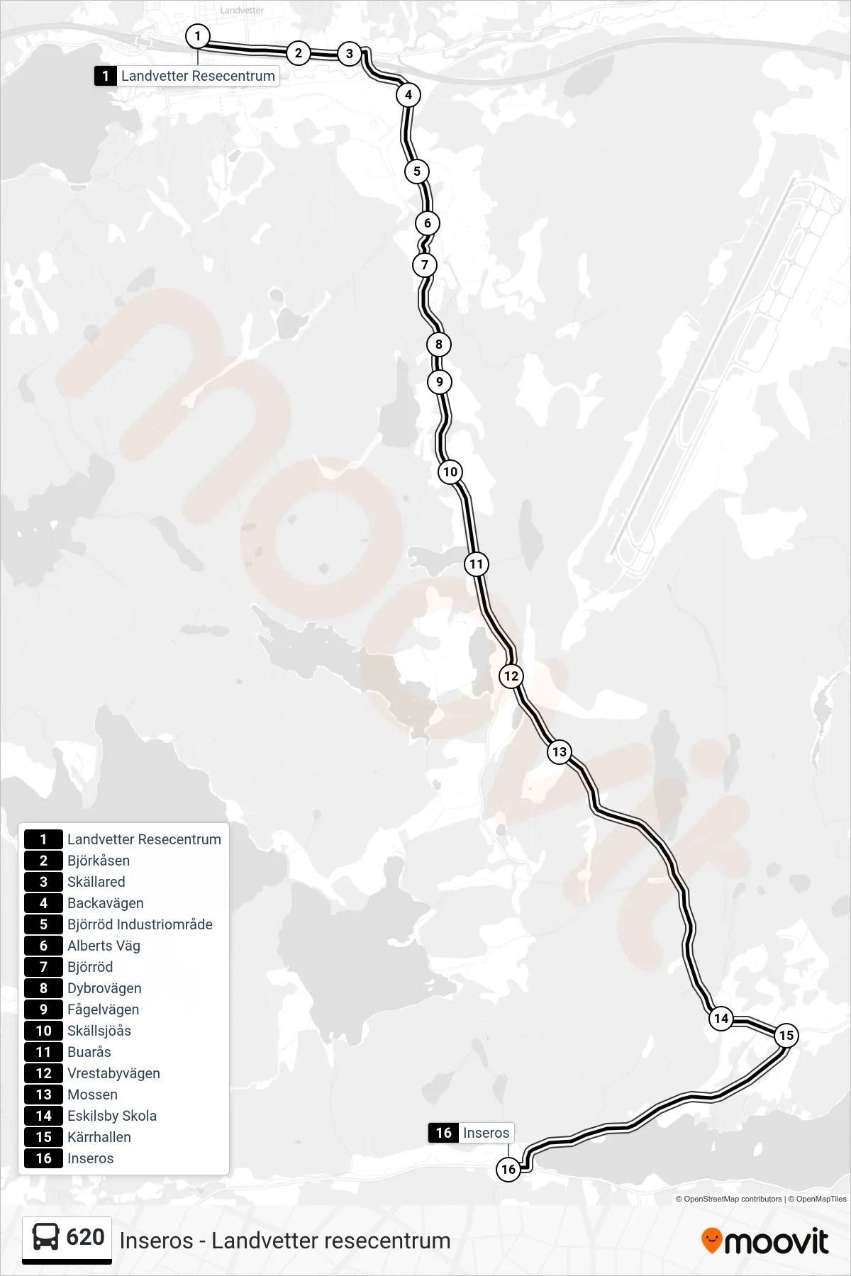 Rutt och hållplatser på karta för linje 620  spårvagn, (Inseros)