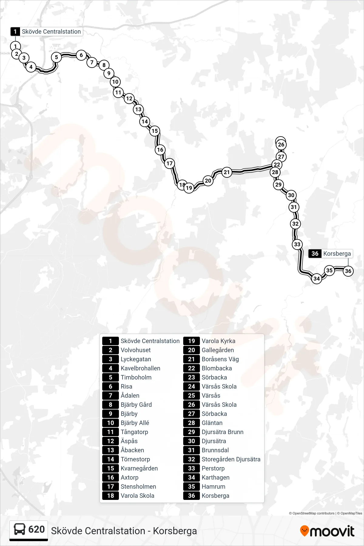 Rutt och hållplatser på karta för linje 620 spårvagn, (Korsberga)