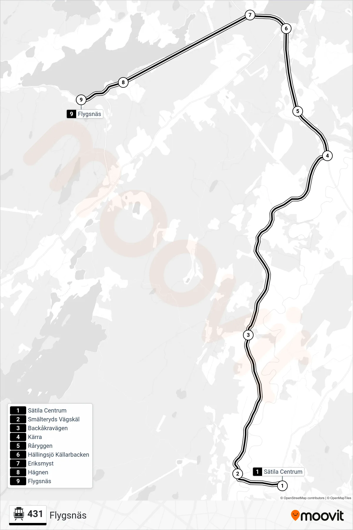 Rutt och hållplatser på karta för linje 431 spårvagn, (Flygsnäs)
