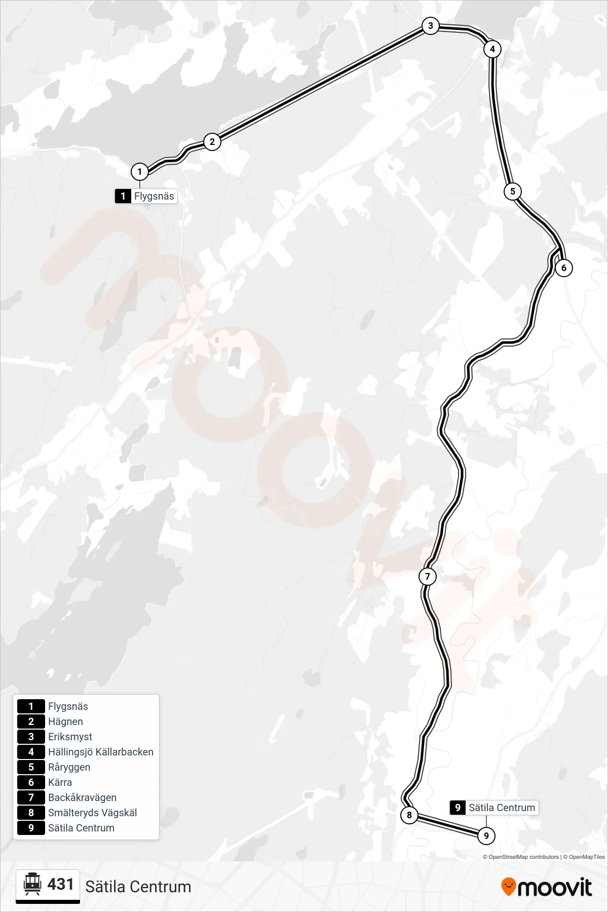 Rutt och hållplatser på karta för linje 431 spårvagn, (Sätila Centrum)