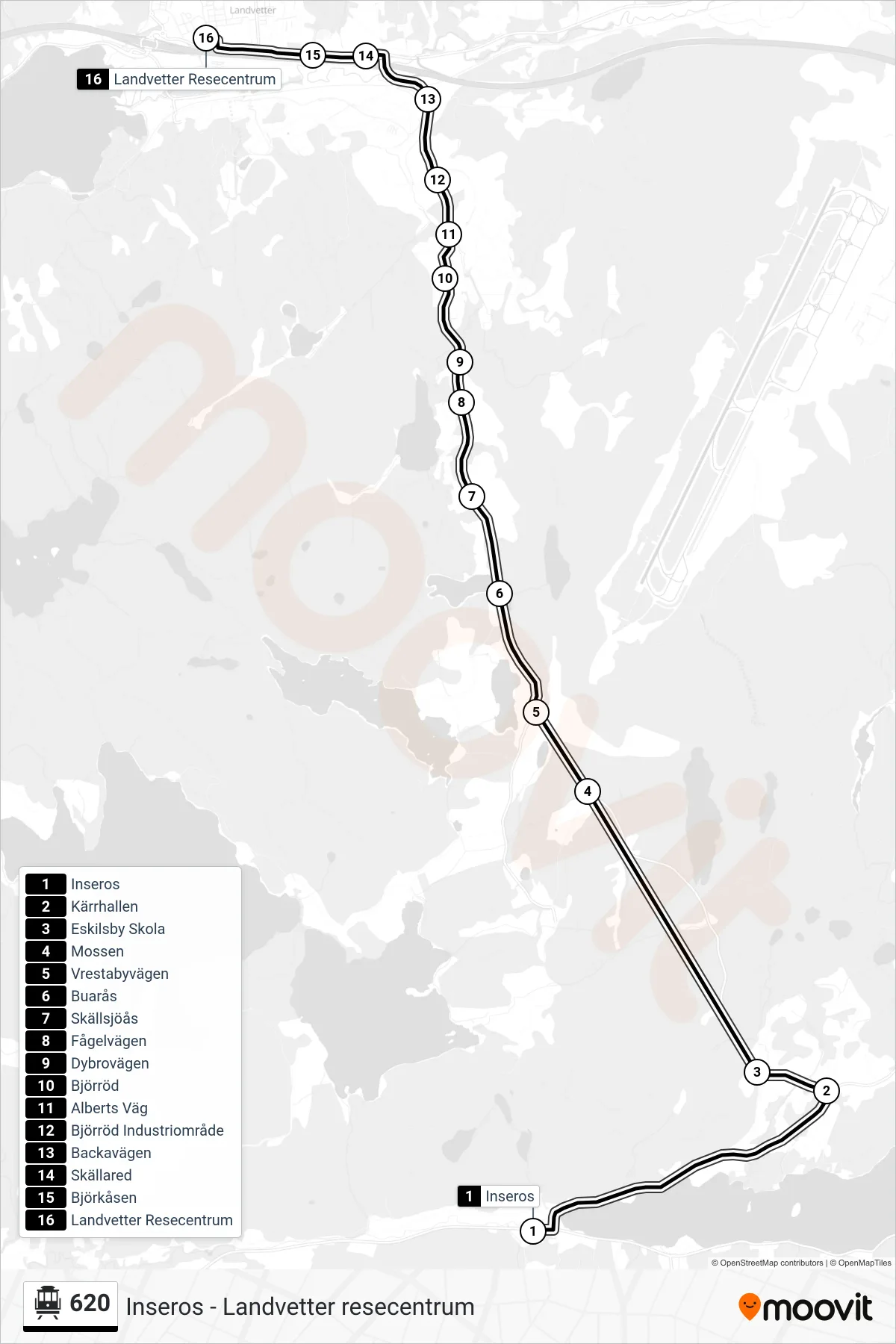 Rutt och hållplatser på karta för linje 620 spårvagn, (Landvetter Resecentrum)