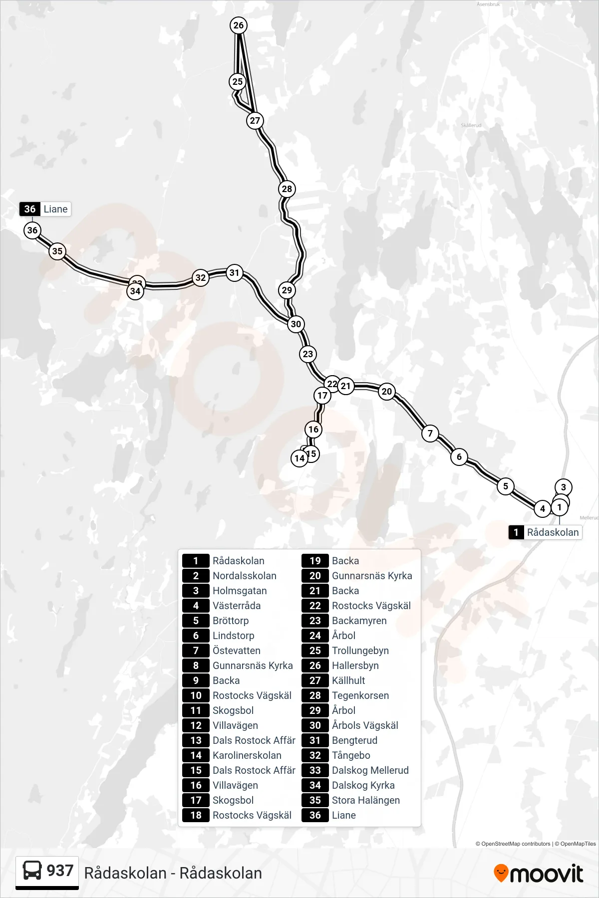 Rutt och hållplatser på karta för linje 937 spårvagn, (Liane)
