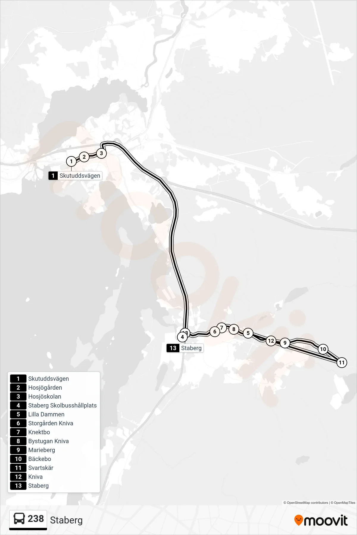 Rutt och hållplatser på karta för linje 238 spårvagn, (Staberg)