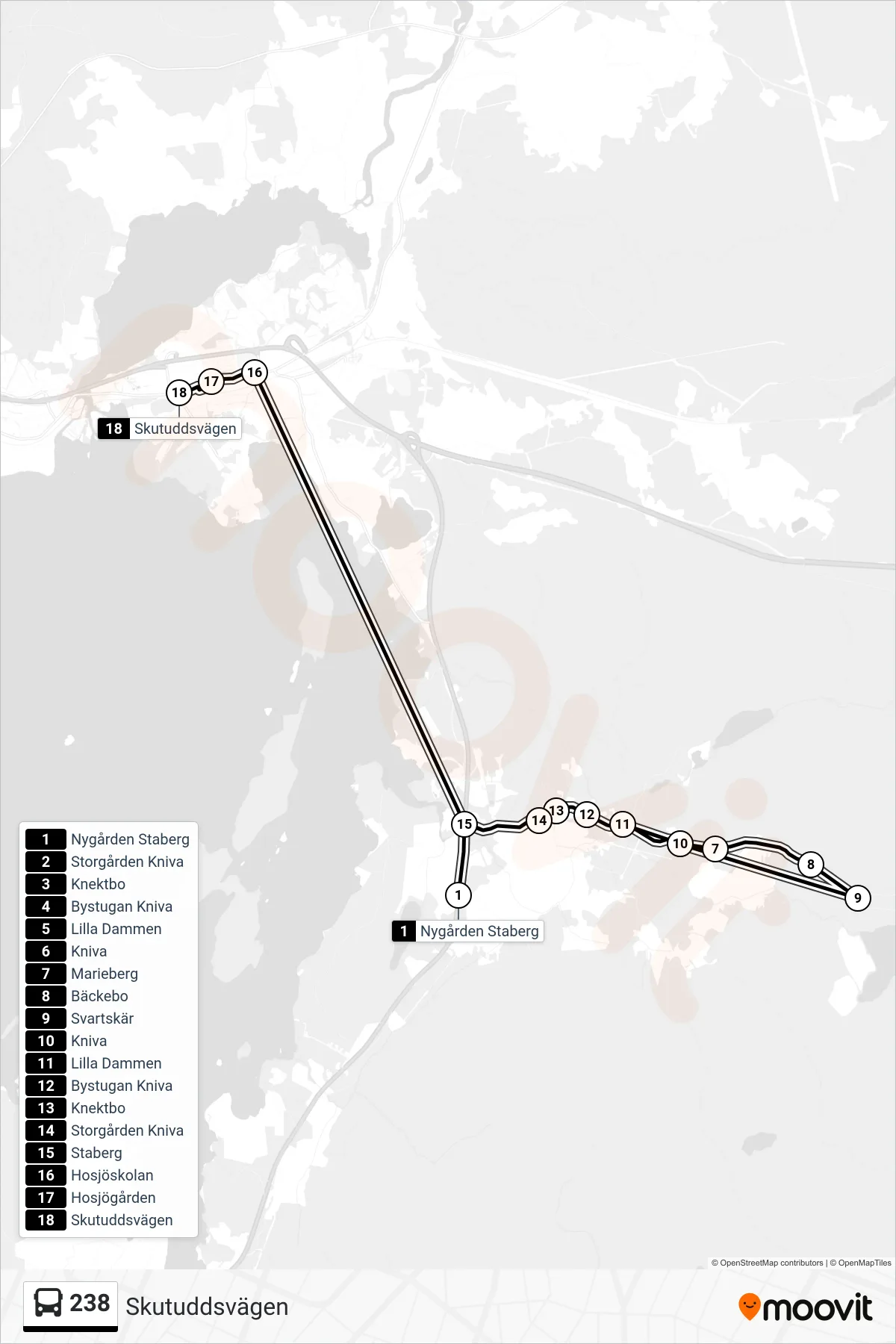 Rutt och hållplatser på karta för linje 238 spårvagn, (Skutuddsvägen)