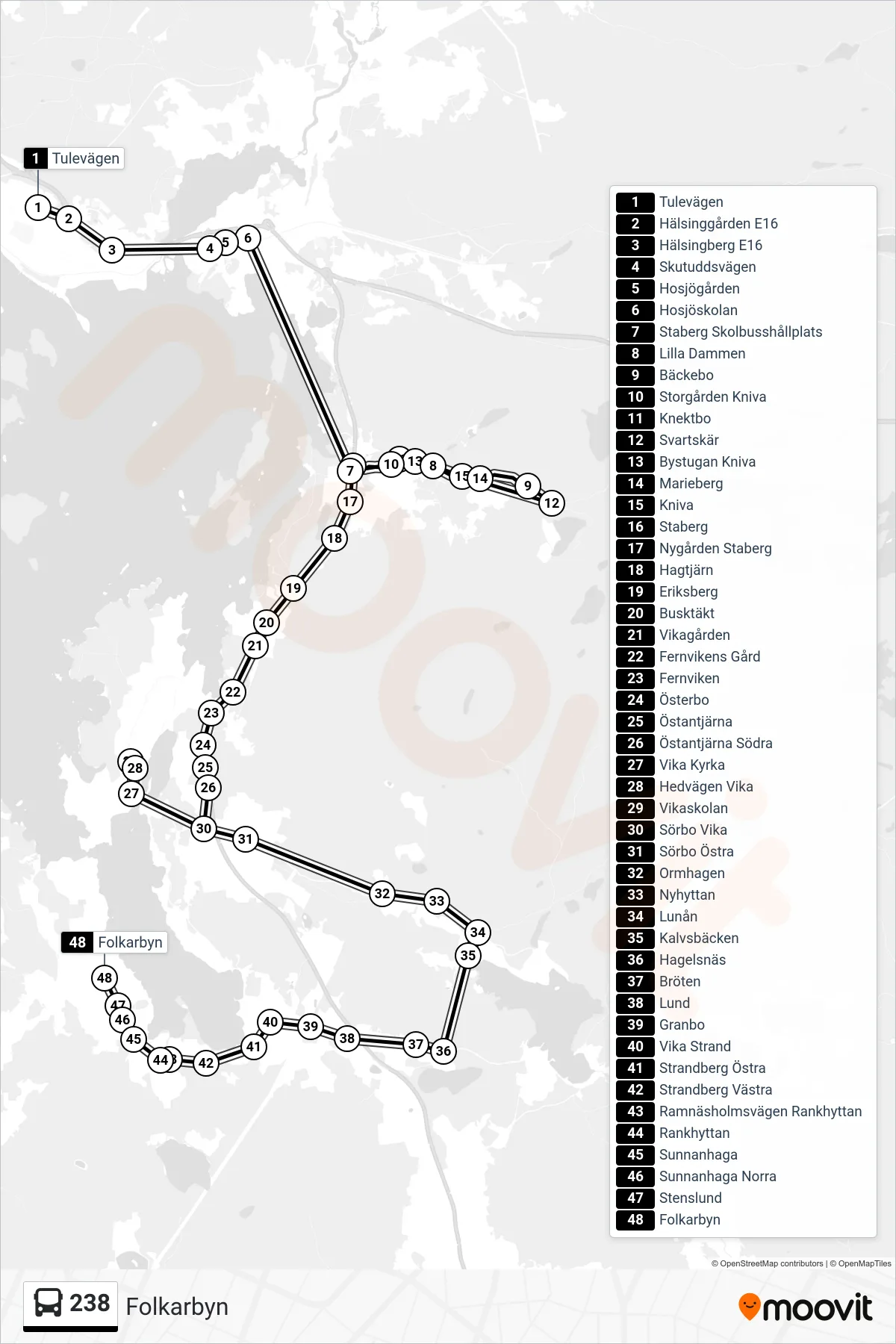 Rutt och hållplatser på karta för linje 238 spårvagn, (Folkarbyn)