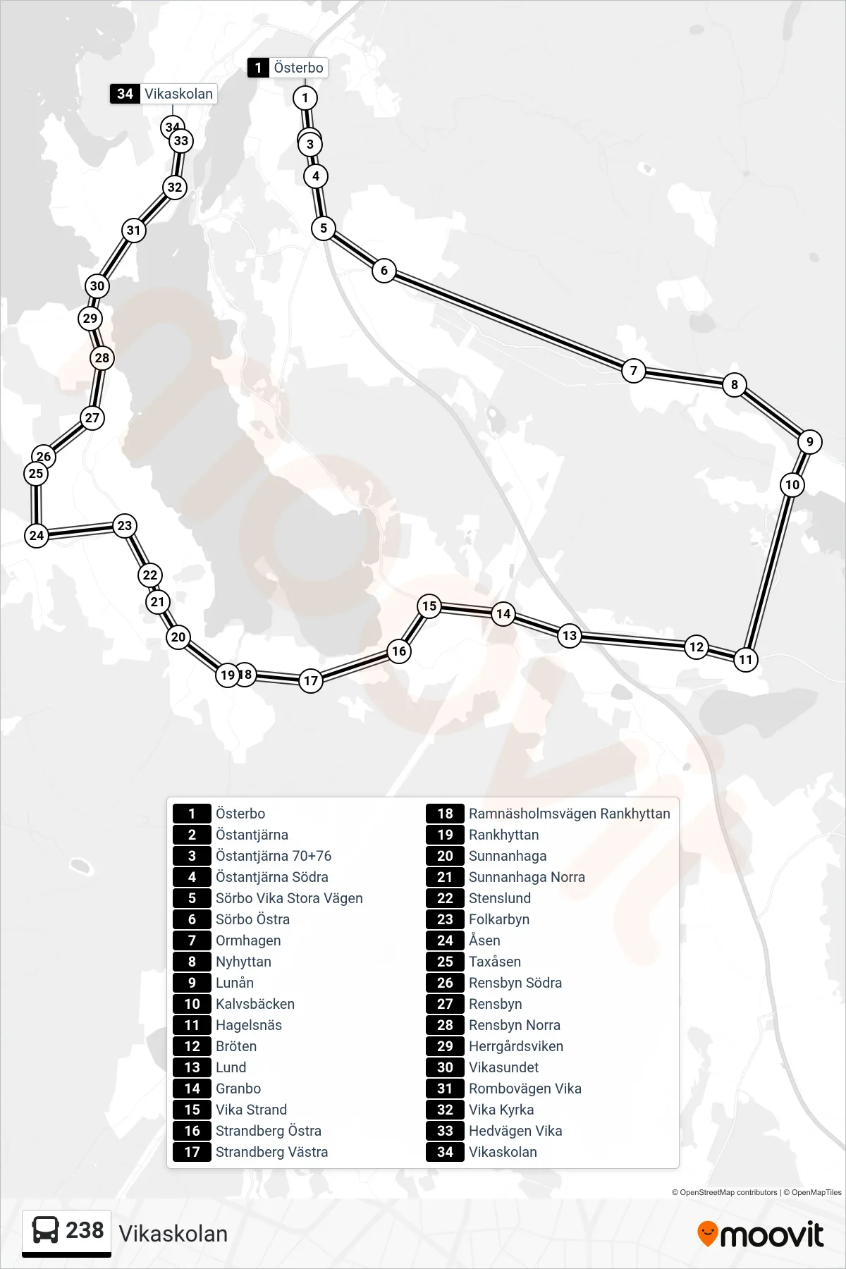 Rutt och hållplatser på karta för linje 238 spårvagn, (Vikaskolan)