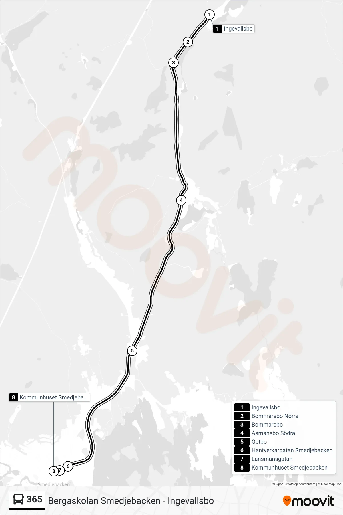 Rutt och hållplatser på karta för linje 365  spårvagn, (Kommunhuset Smedjebacken)