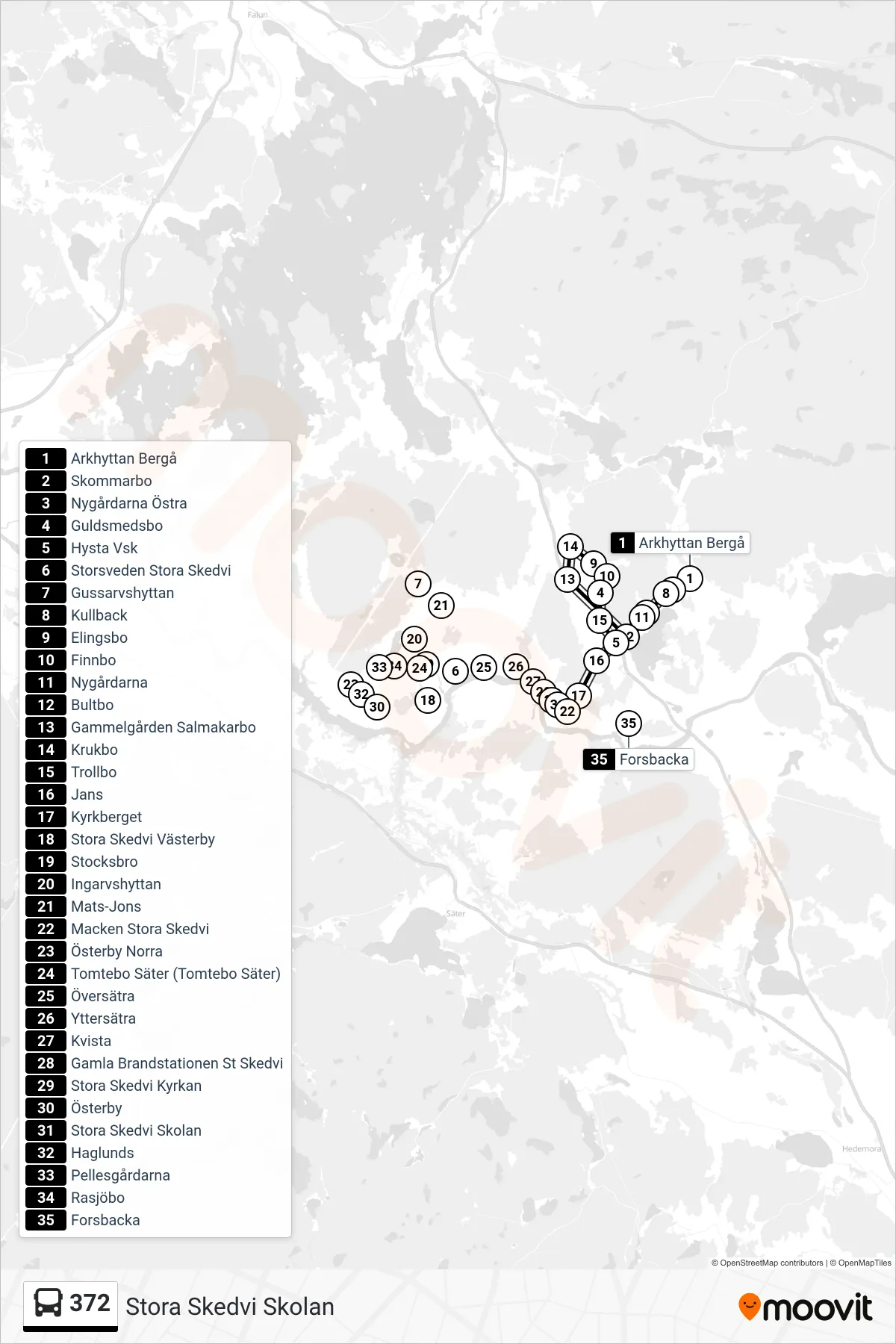Rutt och hållplatser på karta för linje 372 spårvagn, (Stora Skedvi Skolan)