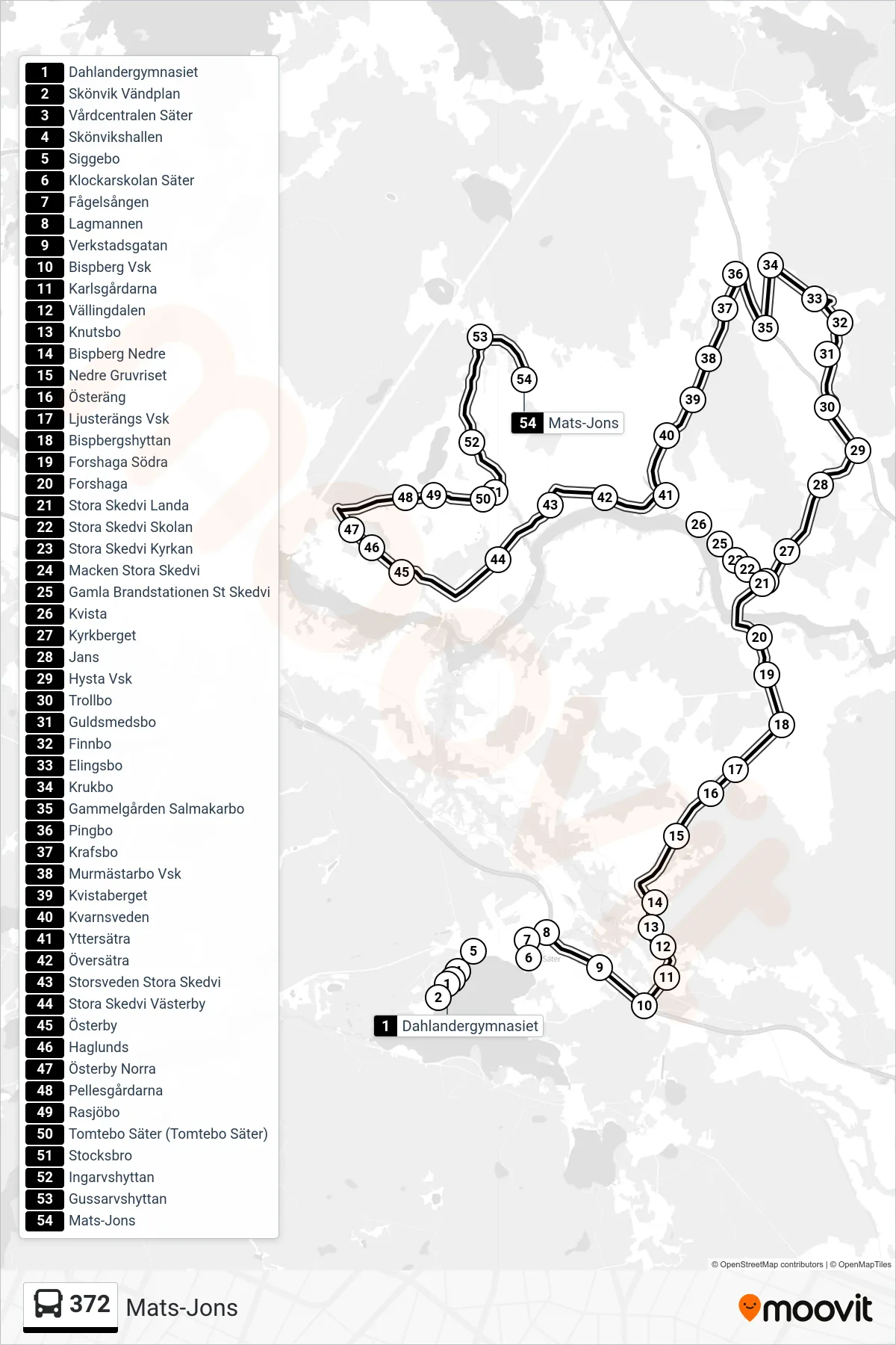 Rutt och hållplatser på karta för linje 372 spårvagn, (Mats-Jons)