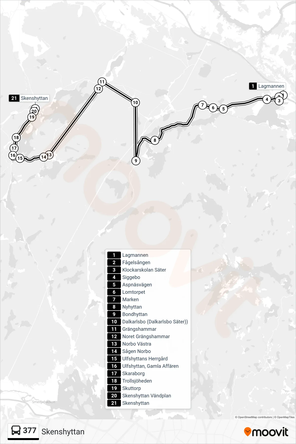 Rutt och hållplatser på karta för linje 377 spårvagn, (Skenshyttan)
