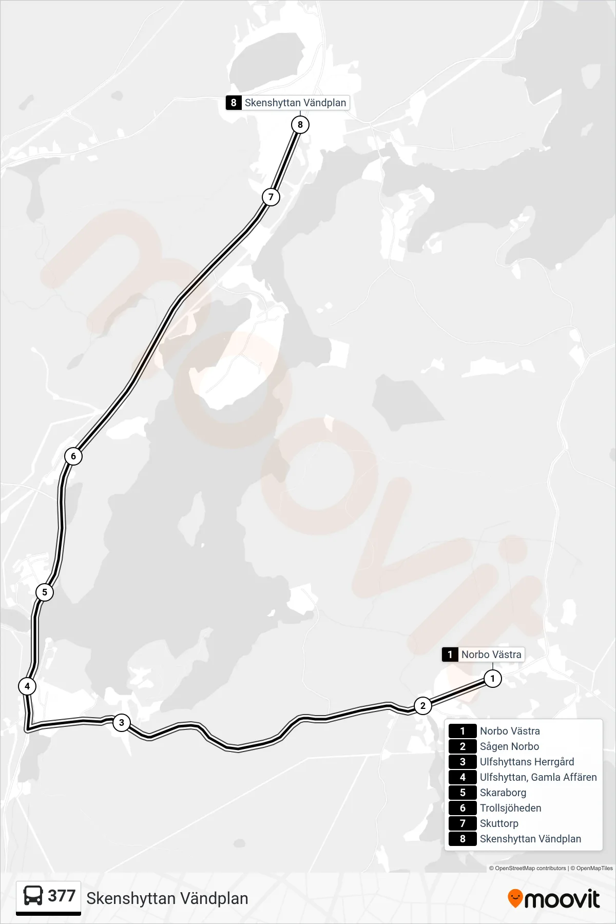 Rutt och hållplatser på karta för linje 377 spårvagn, (Skenshyttan Vändplan)