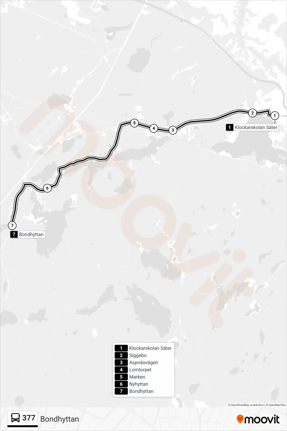 Rutt och hållplatser på karta för linje 377  spårvagn, (Bondhyttan)