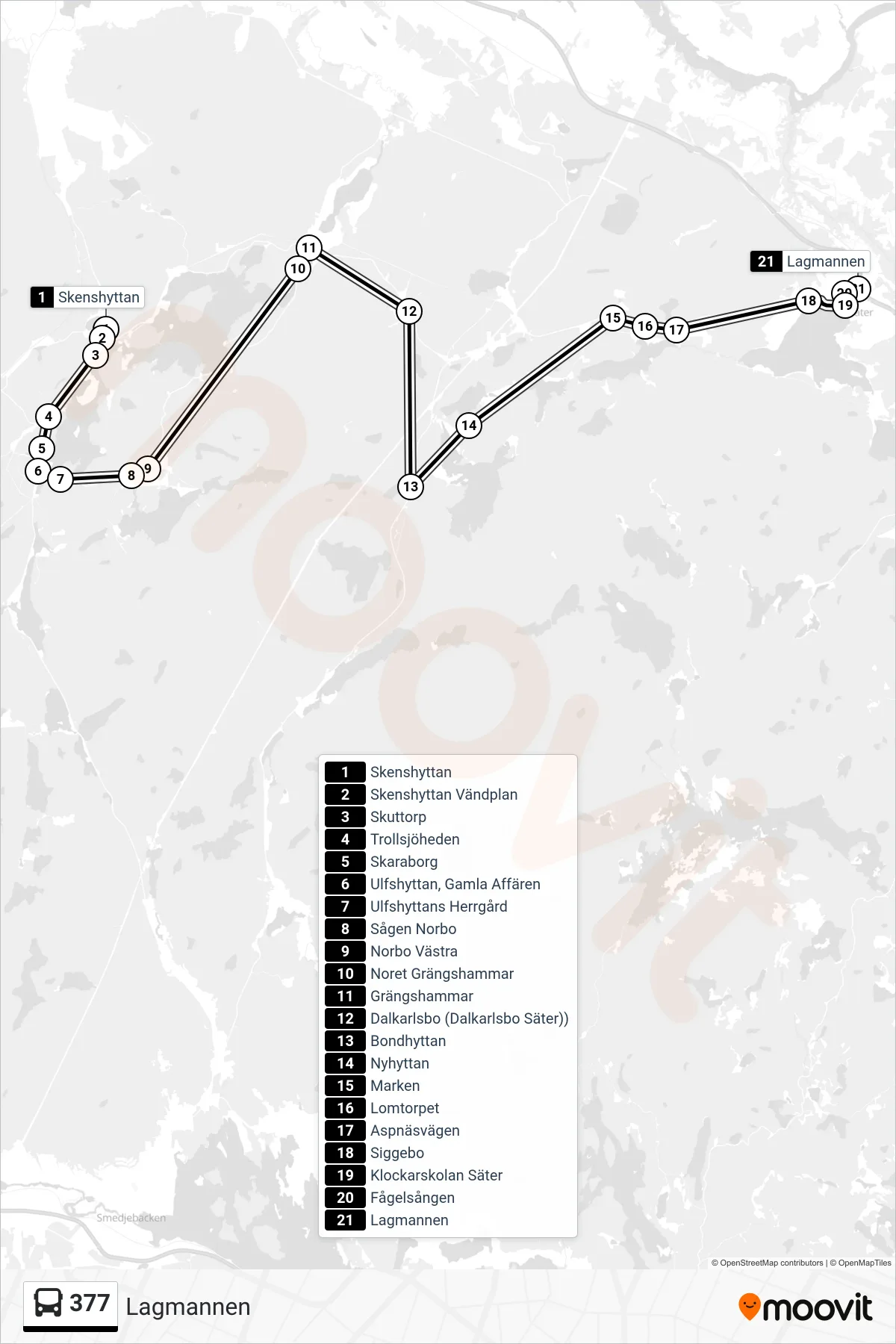 Rutt och hållplatser på karta för linje 377 spårvagn, (Lagmannen)