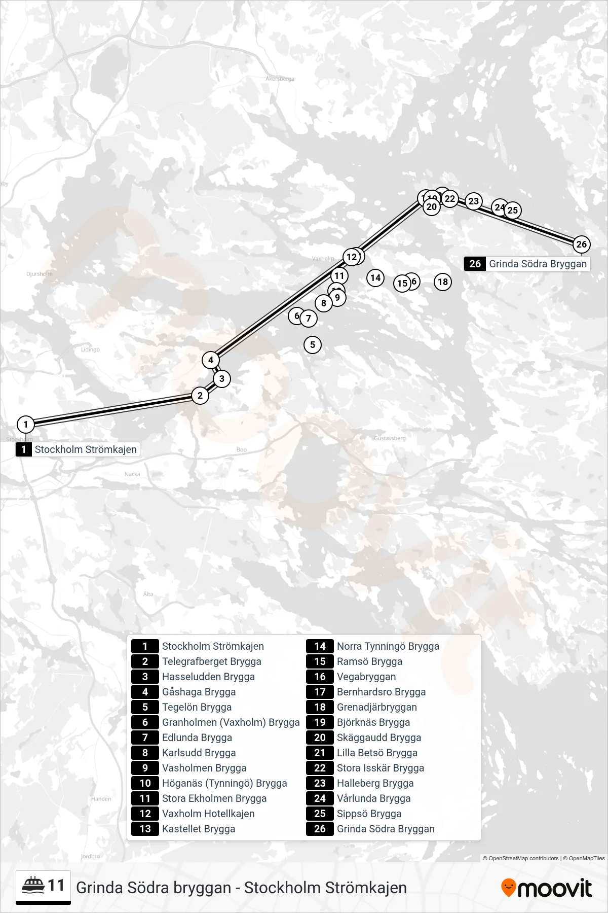Rutt och hållplatser på karta för linje 11 färja, (Grinda Södra Bryggan)