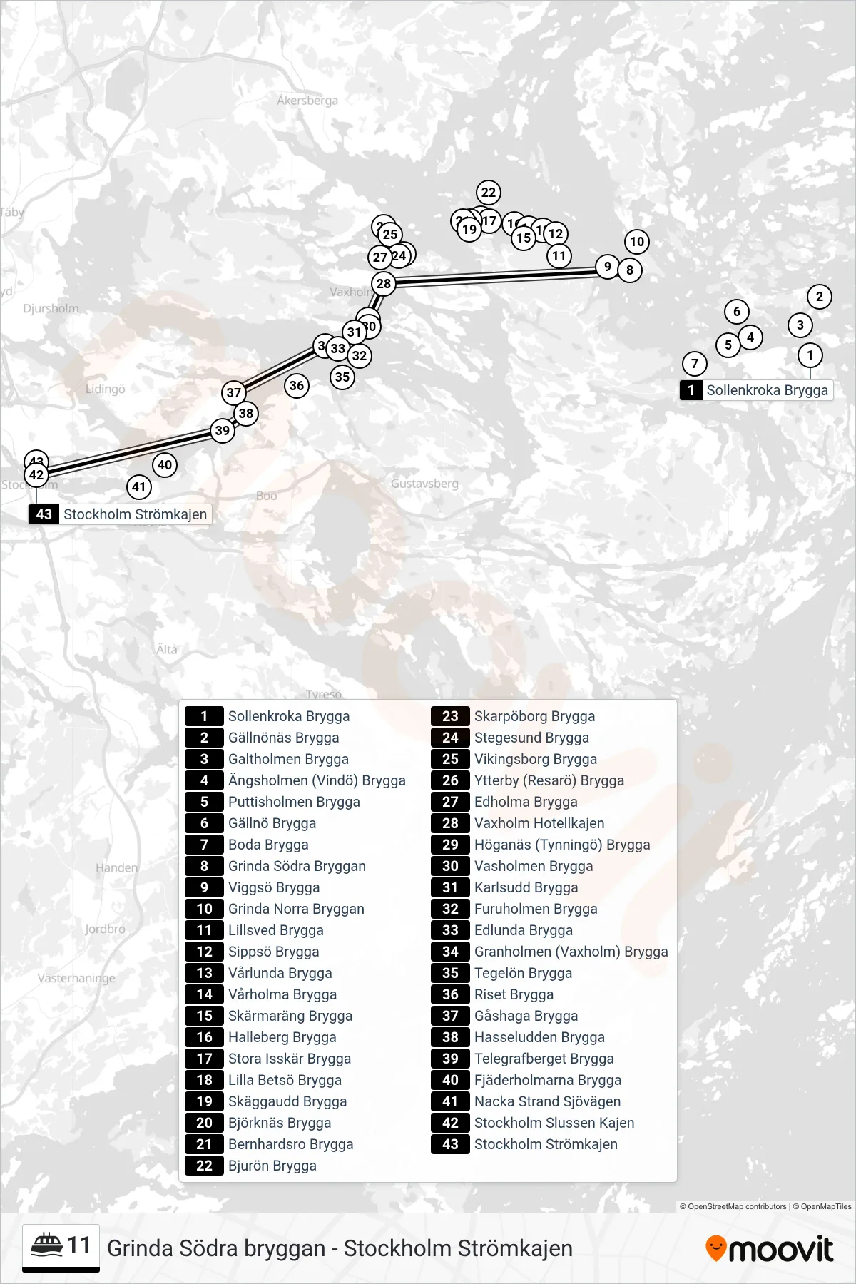 Rutt och hållplatser på karta för linje 11 färja, (Stockholm Strömkajen)