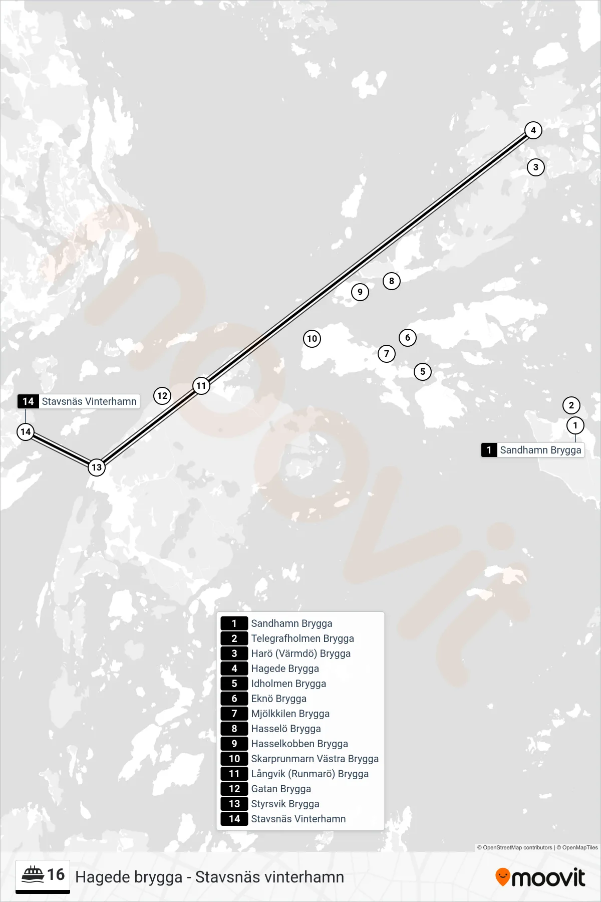 Rutt och hållplatser på karta för linje 16 färja, (Stavsnäs Vinterhamn)