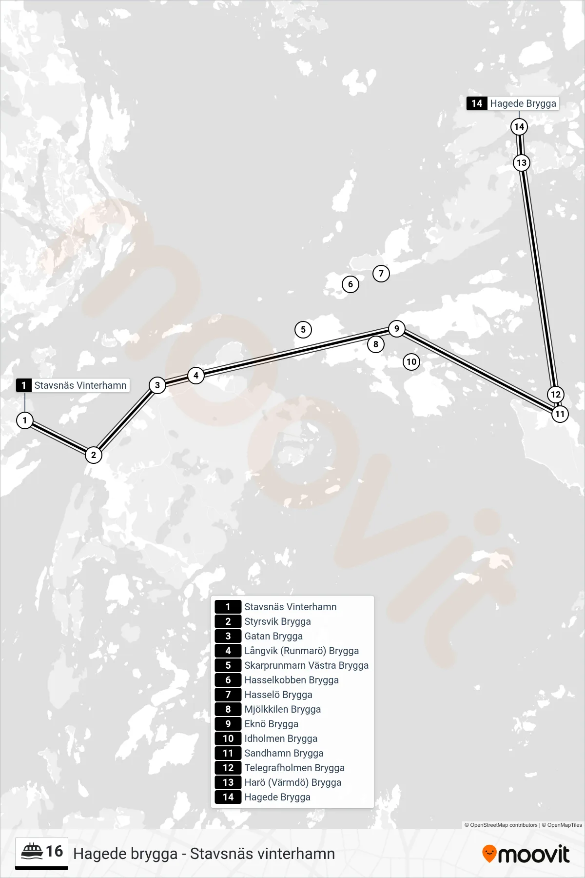 Rutt och hållplatser på karta för linje 16 färja, (Hagede Brygga)