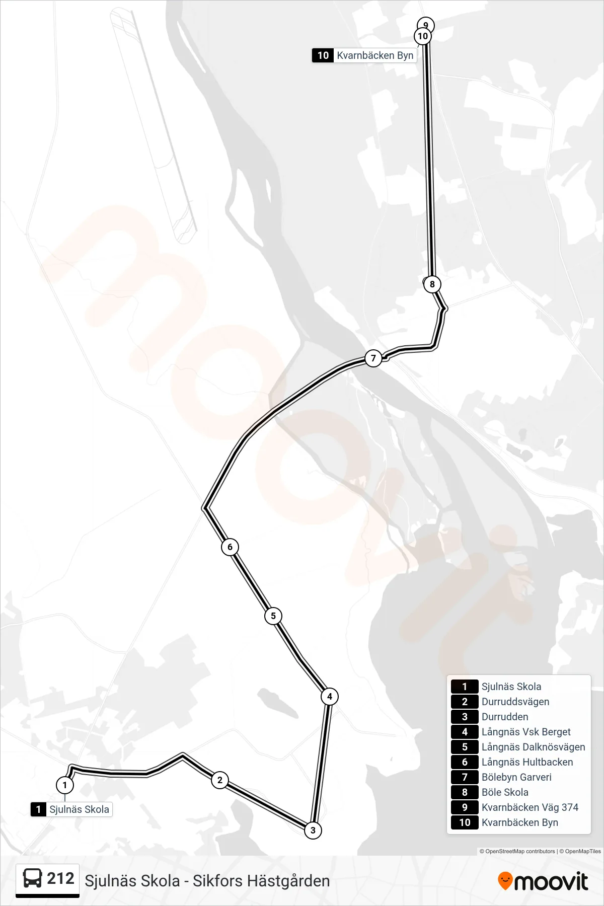 Rutt och hållplatser på karta för linje 212 spårvagn, (Kvarnbäcken Byn)