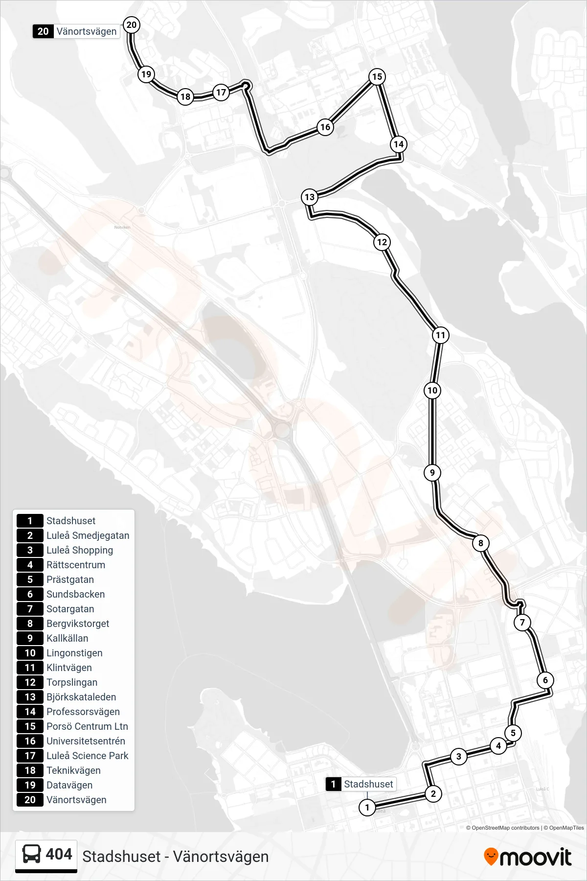 Rutt och hållplatser på karta för linje 404  spårvagn, (Vänortsvägen)